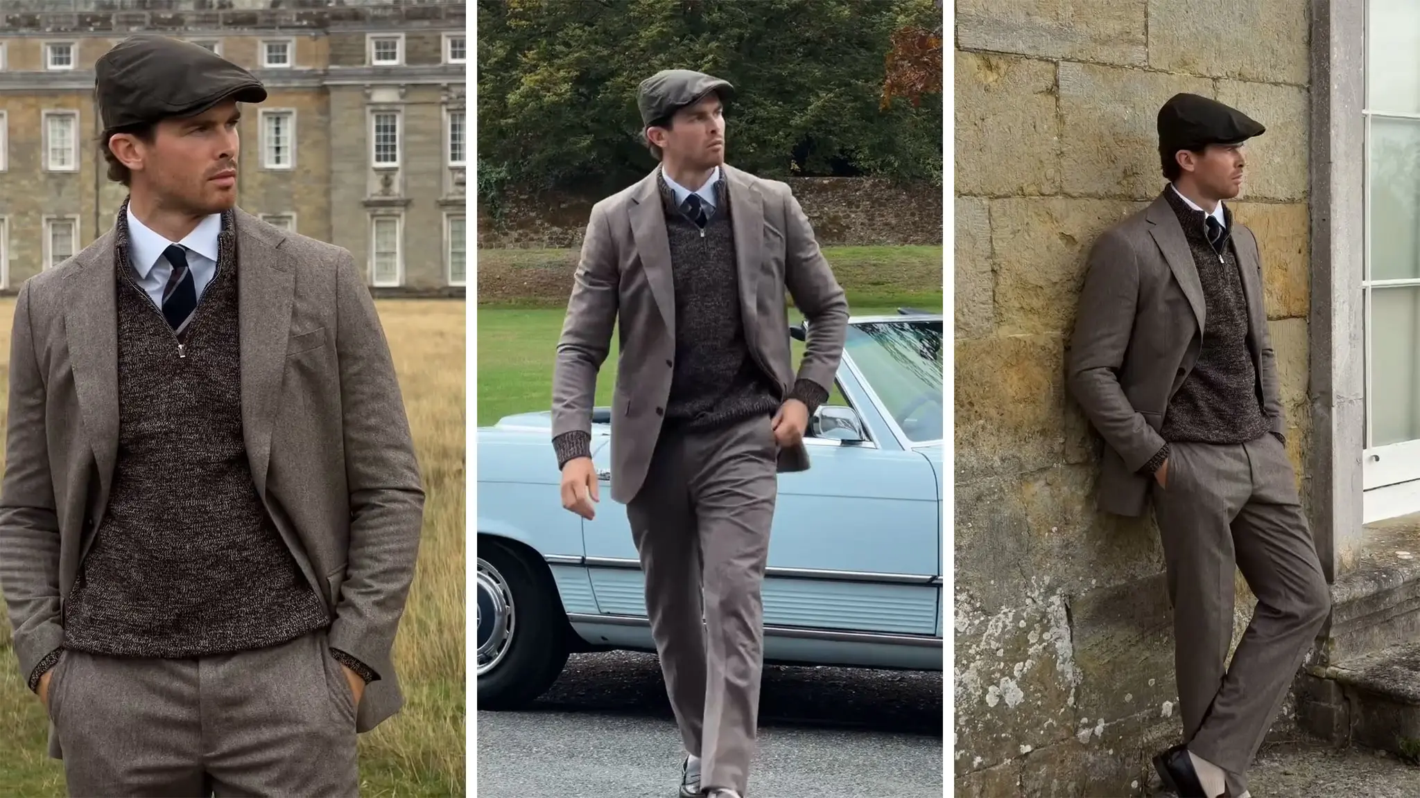 Man in three tweed outfits
