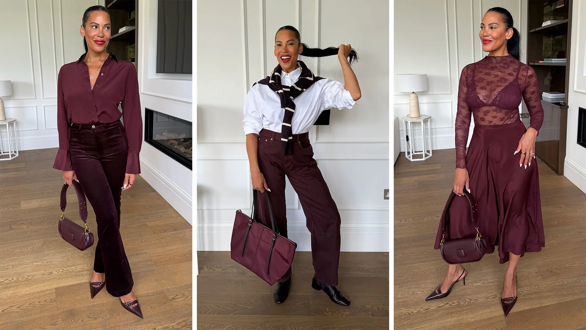 Karen Williams in three burgundy outfits