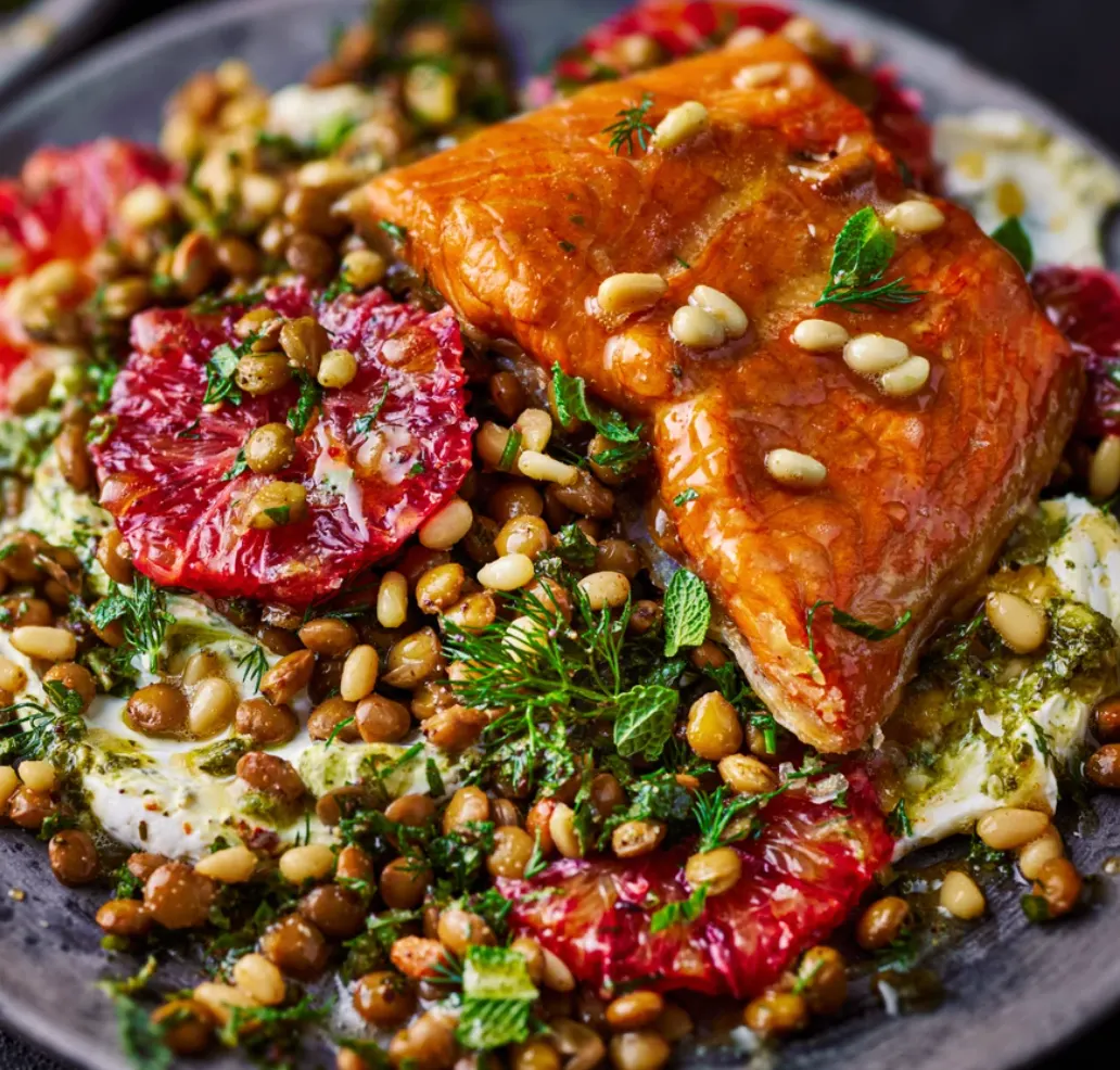 Hot smoked trout and herby lemon lentils
