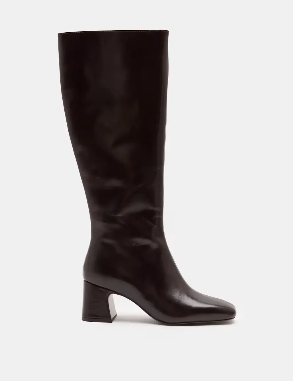 Brown square toe knee high boots with a block heel.