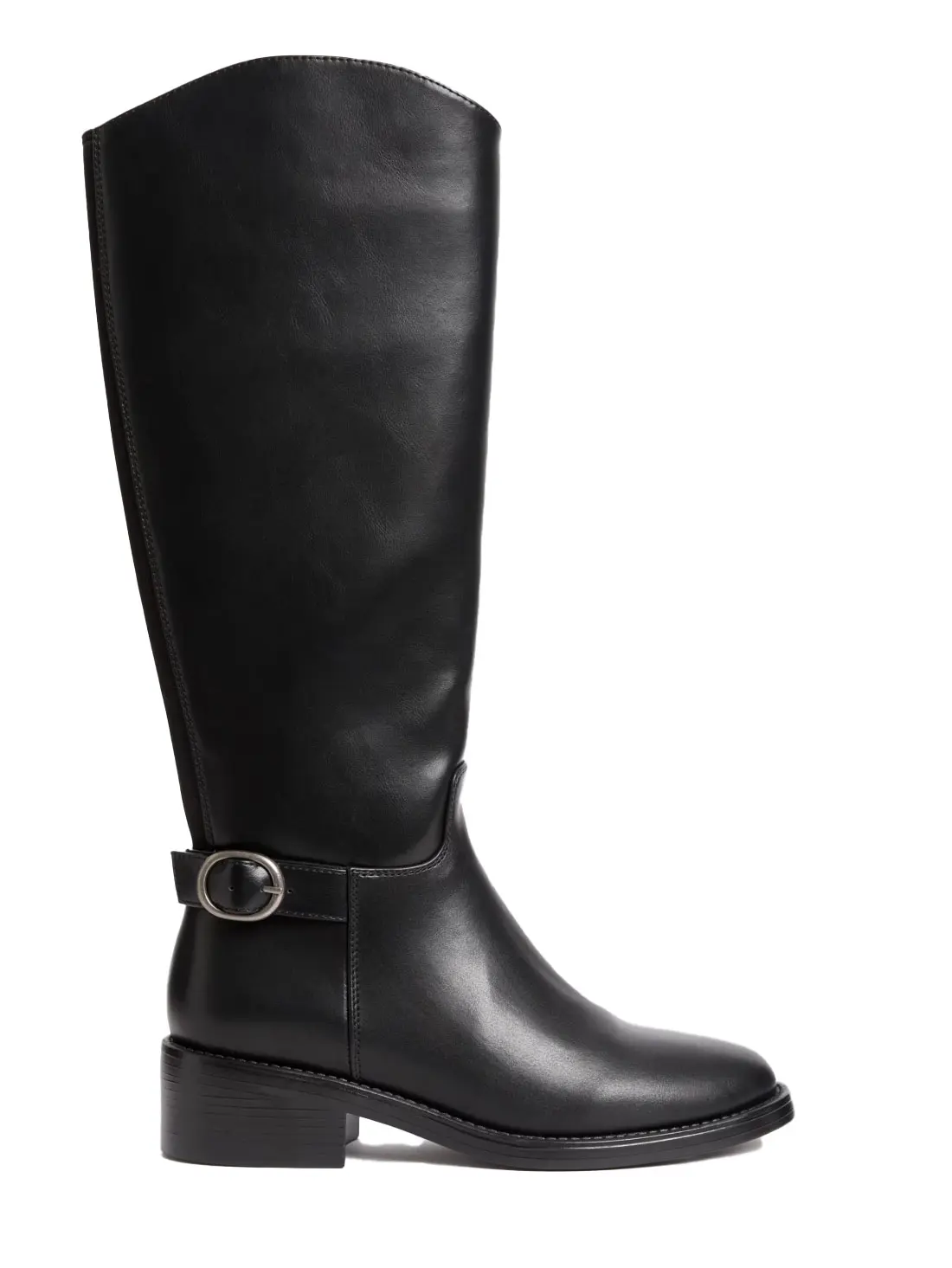 Black leather riding boot with silver buckle detail 