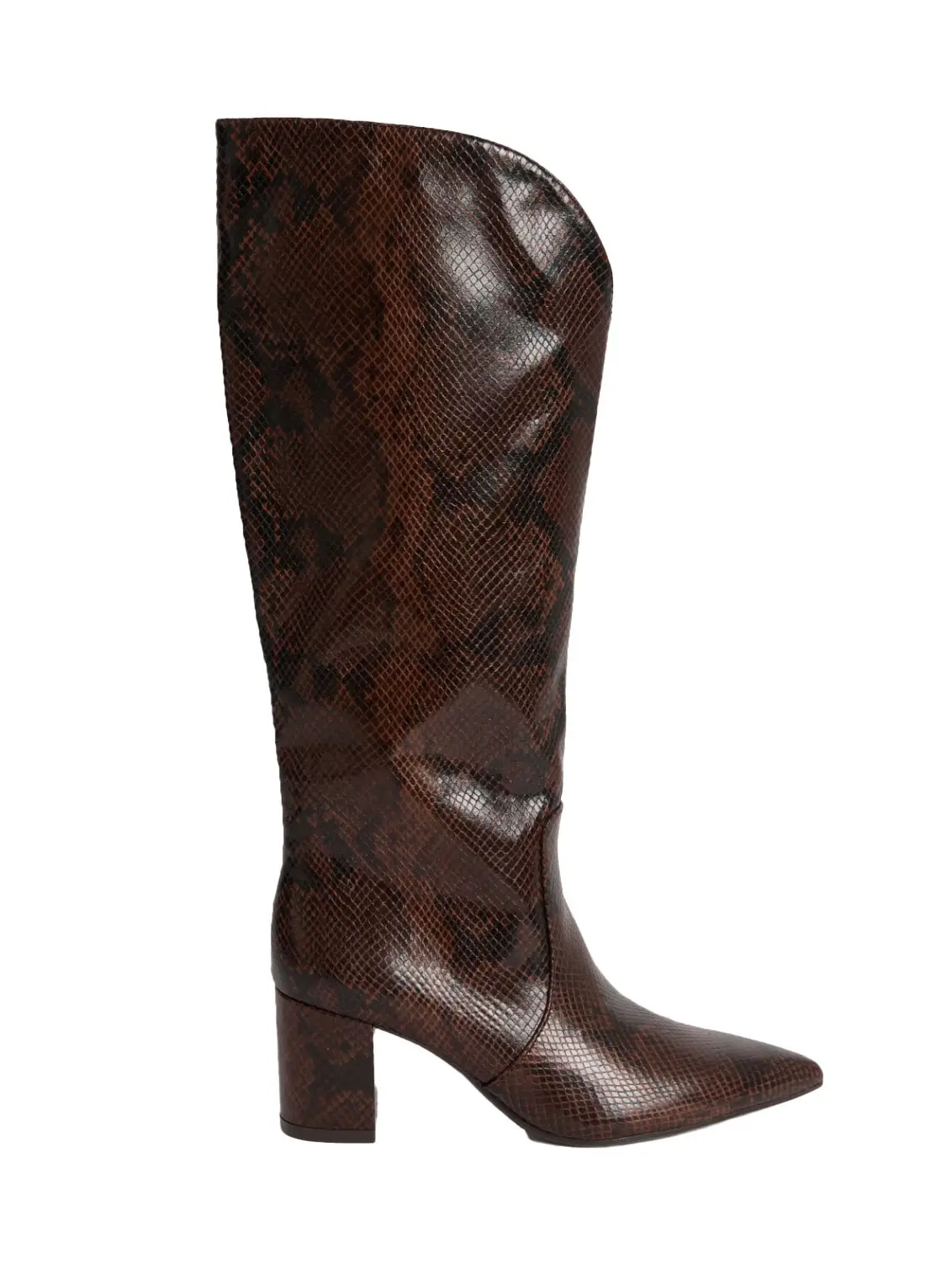 Brown, snake-print and heeled knee-high boot
