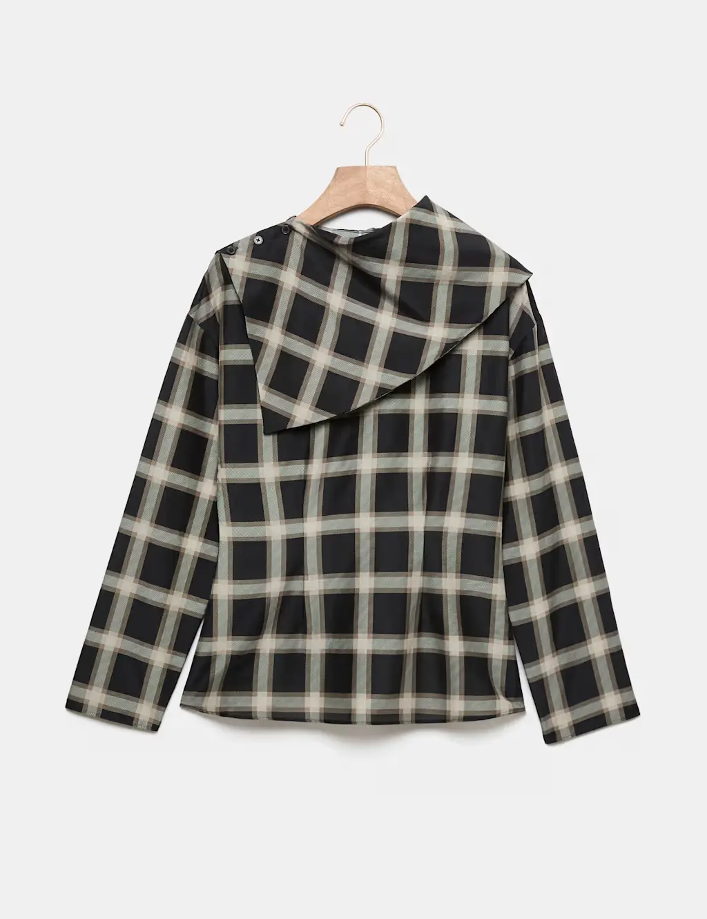 Checked women's cowl neck blouse with long sleeves.