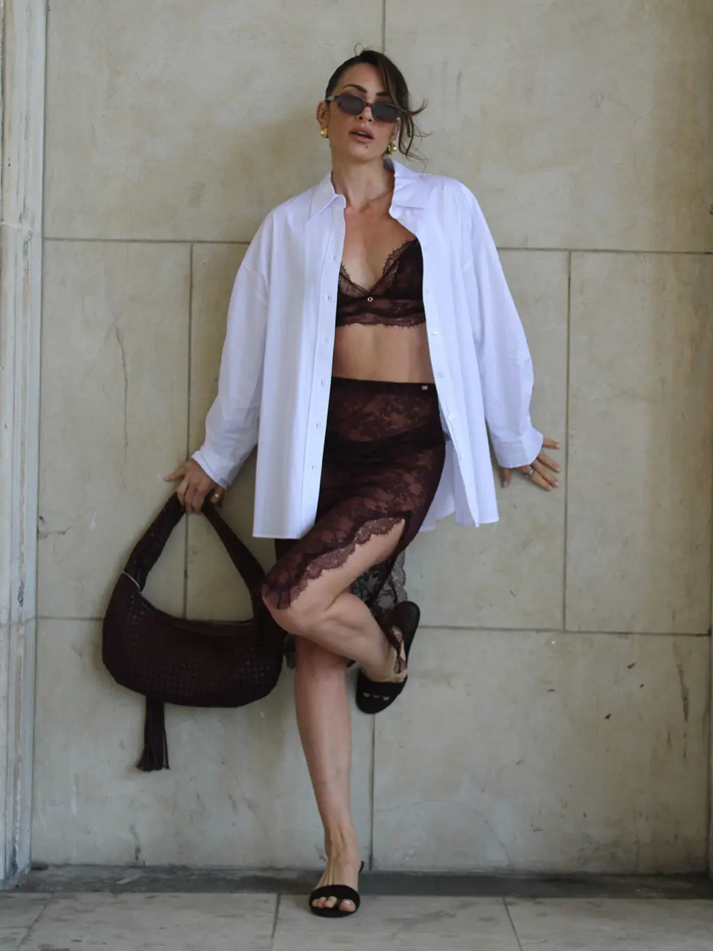 Woman in bralette and silk skirt