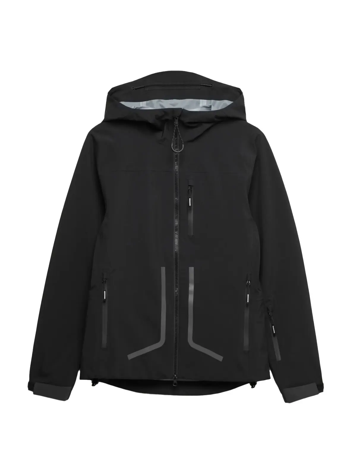 Black ski jacket with zip-up side pockets and hood