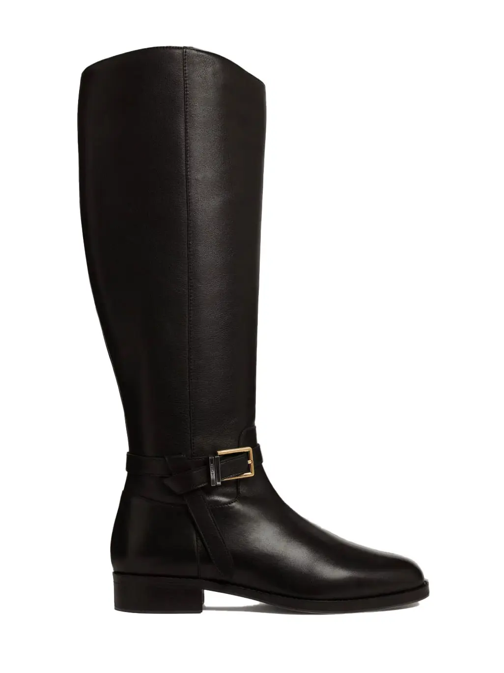 Black riding boot with gold buckle detail and small block heel