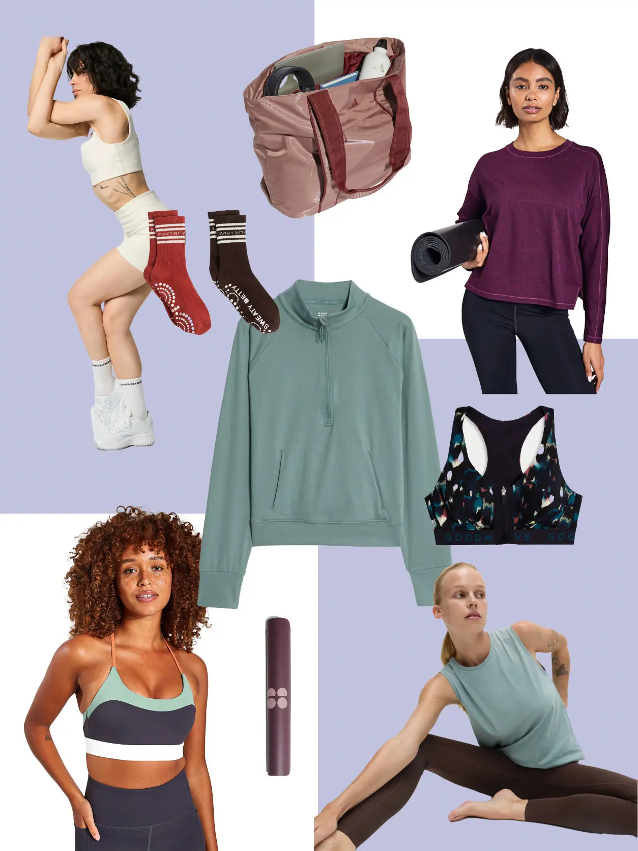 Collage of different yoga products including green sweatshirt, socks, bag, sports bra and yoga mat