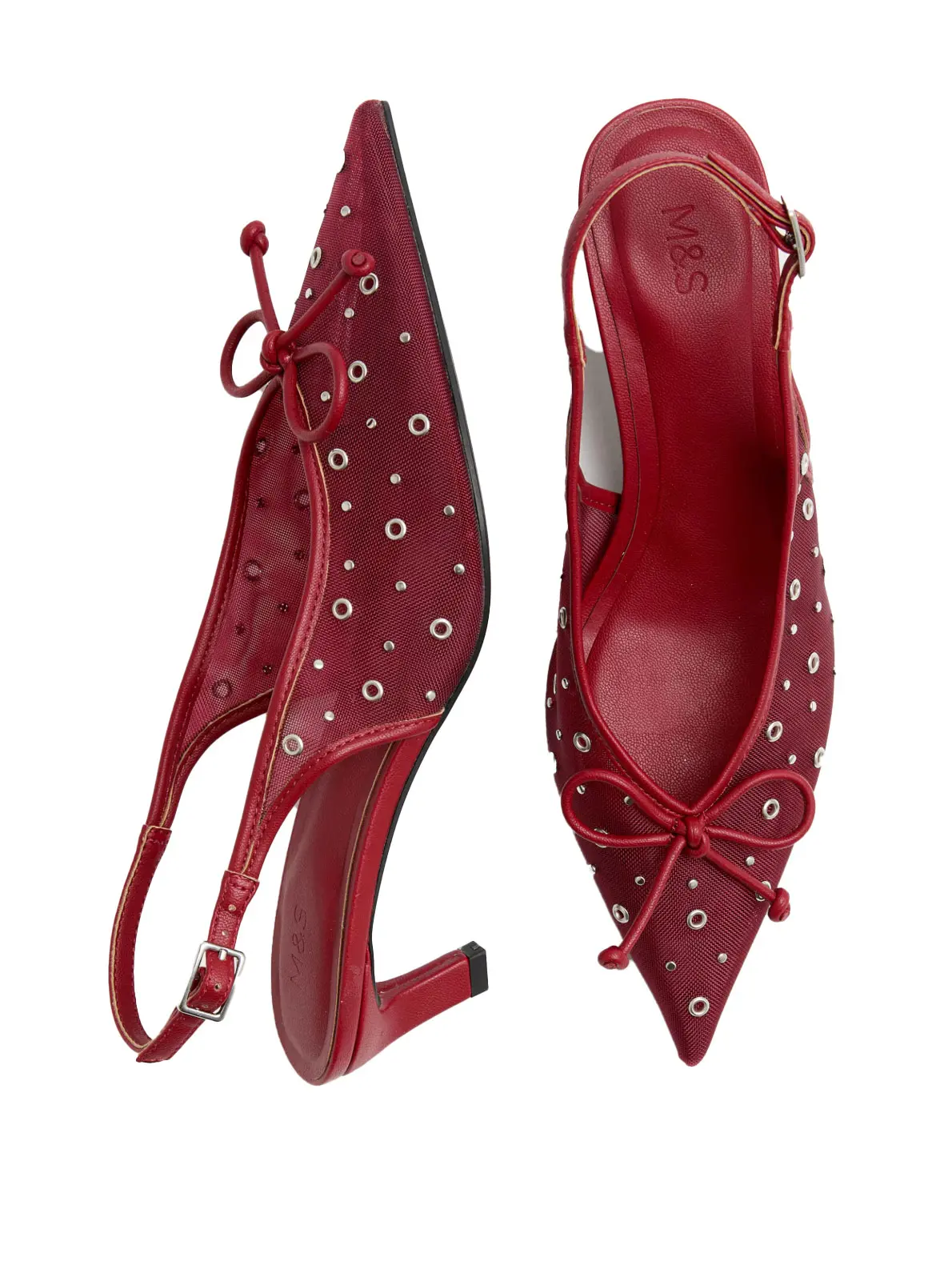 Pair of red studded slingback heels with bow detail