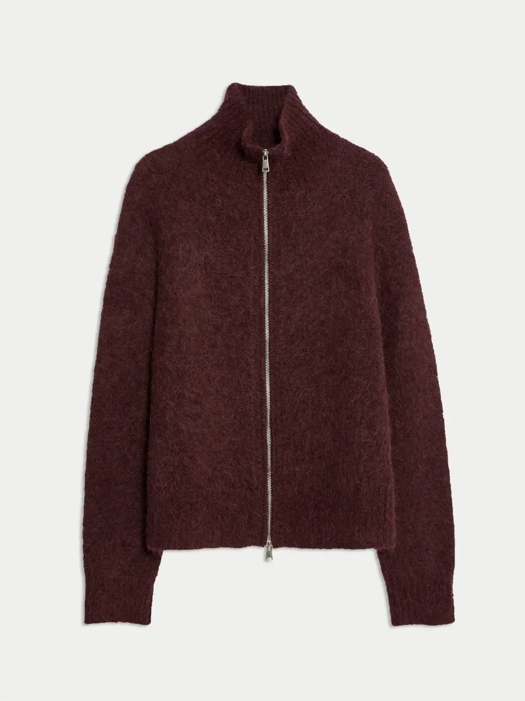 A fluffy zip up burgundy cardigan by M&S