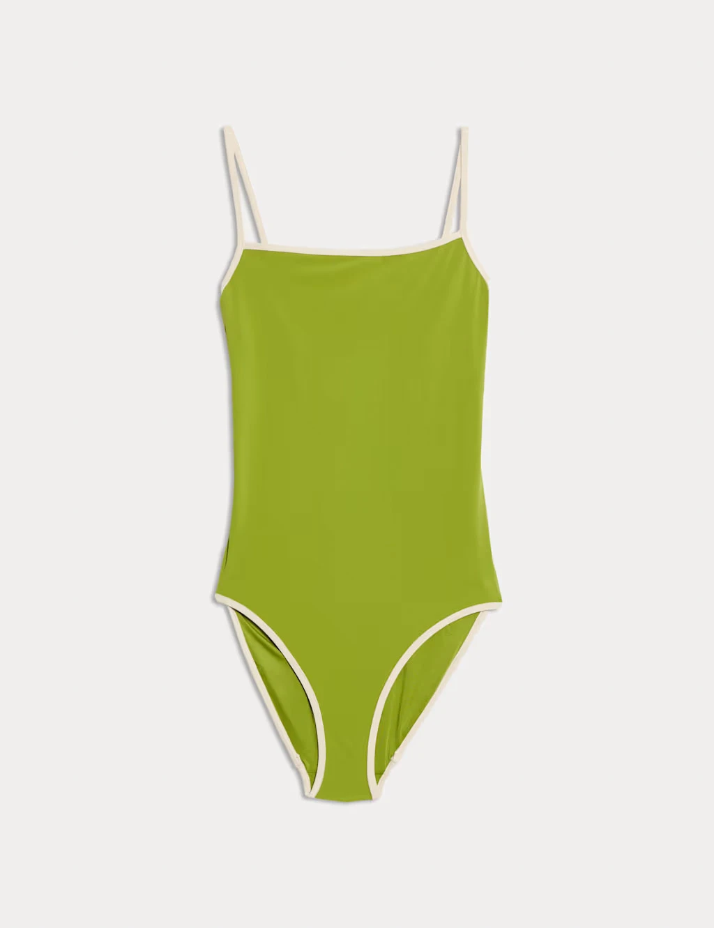 A lime-green swimsuit with white piping