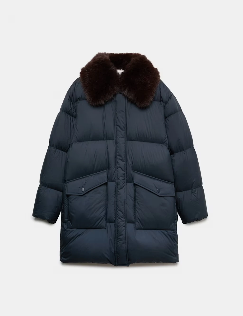 Long navy blue puffer coat with a faux fur collar and big front pockets.