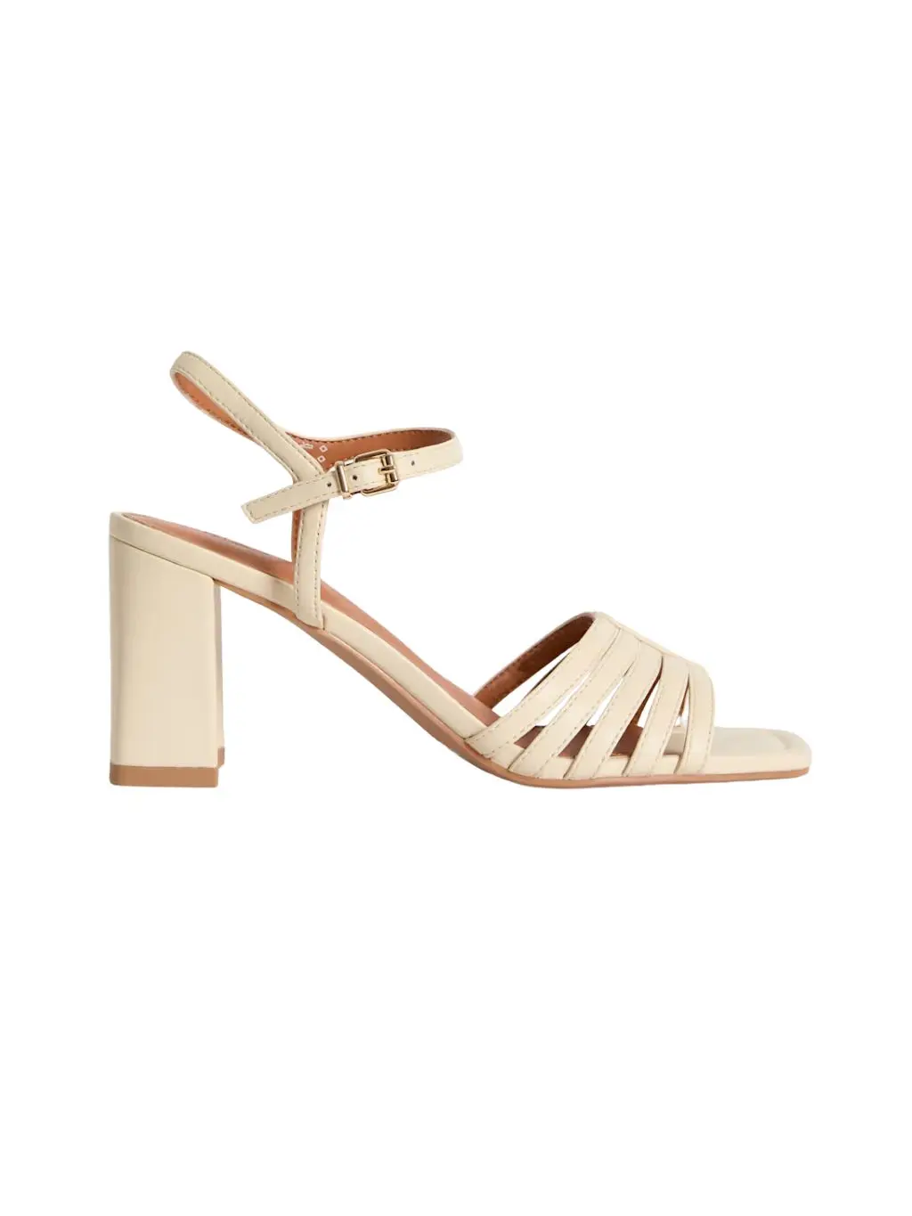 A pair of cream strappy block-heel sandals