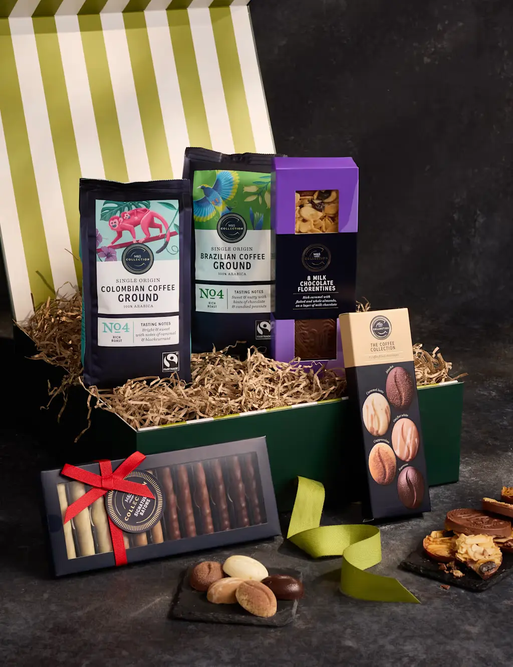 Bags of coffee, boxes of chocolate, and biscuits