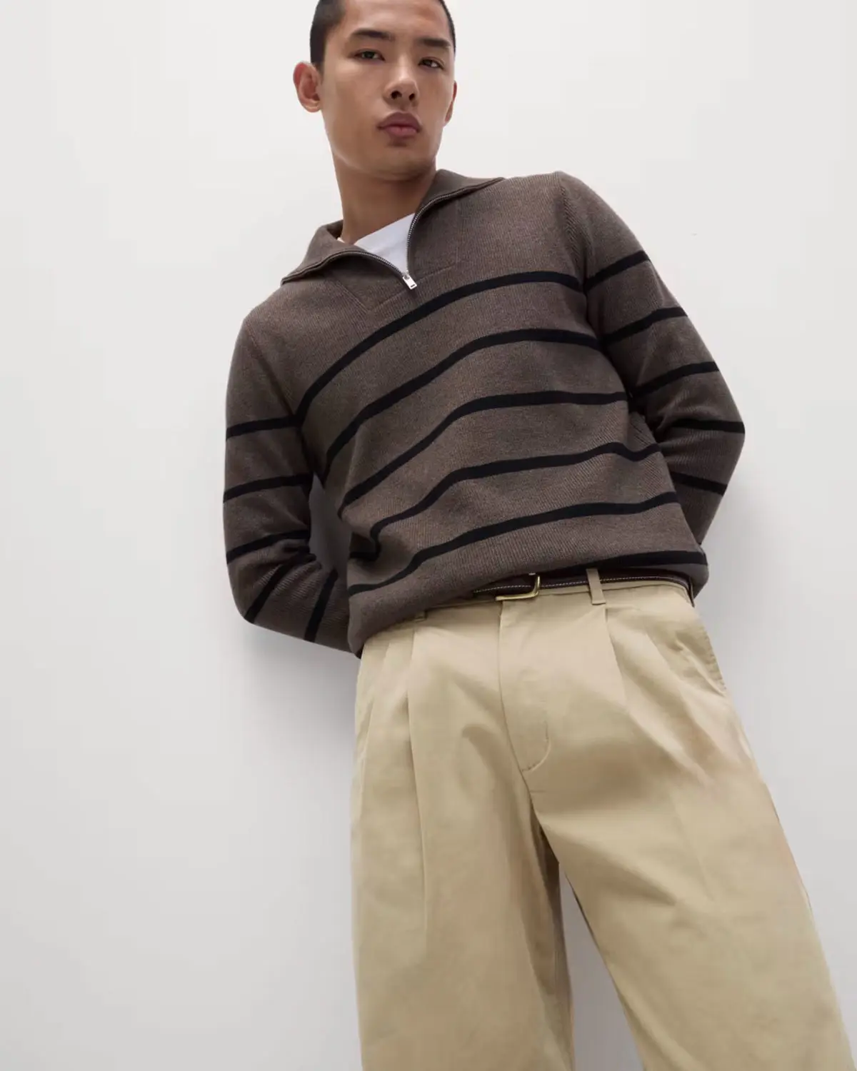 Man wearing tapered chinos at M&S