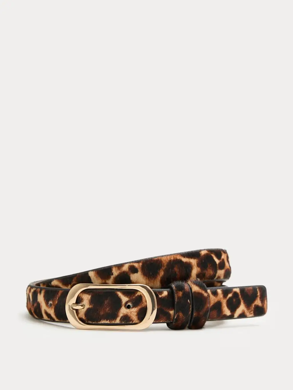 A cutout of a leopard print skinny belt
