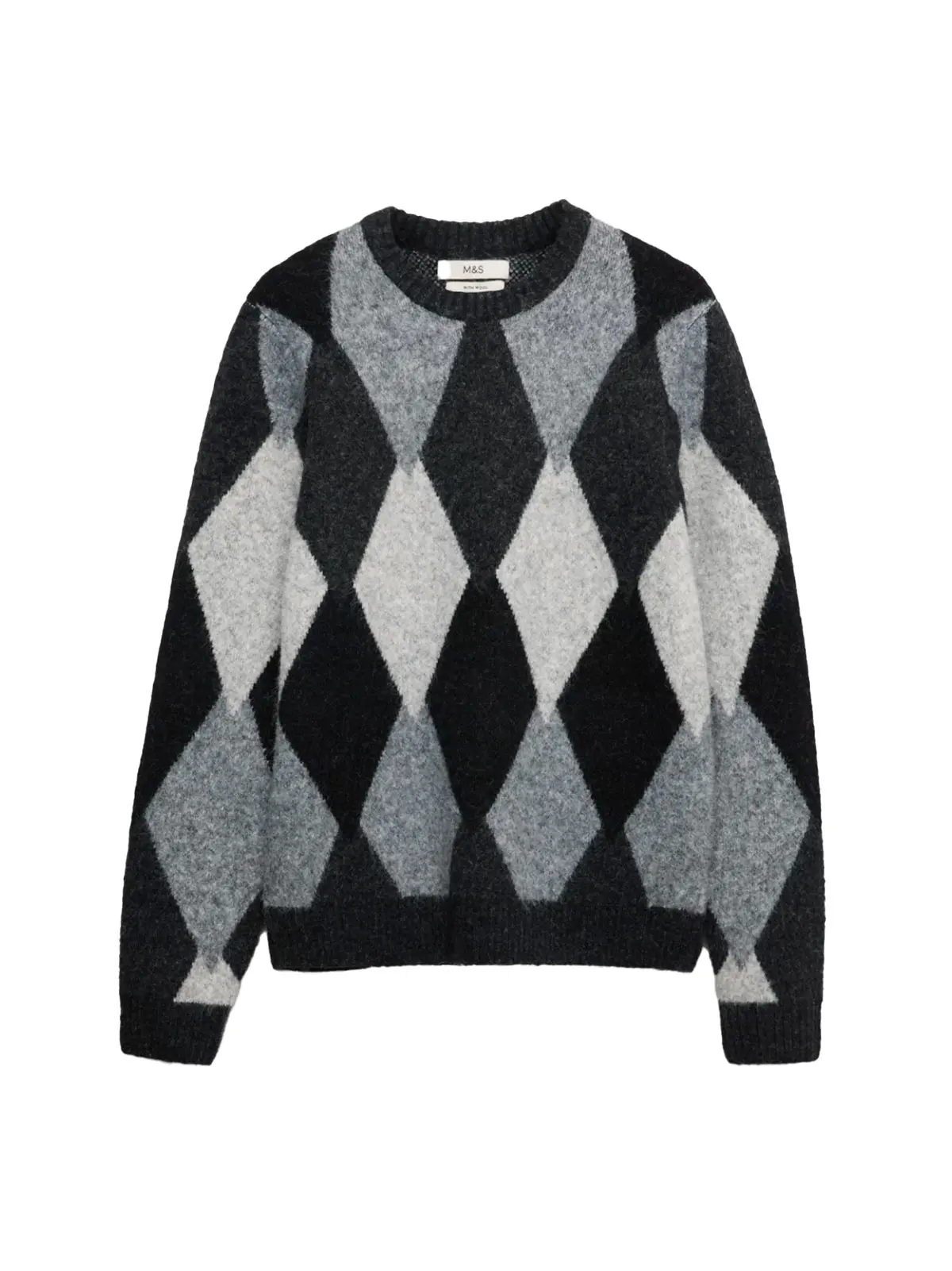 Black, white and grey argyle pattern jumper 