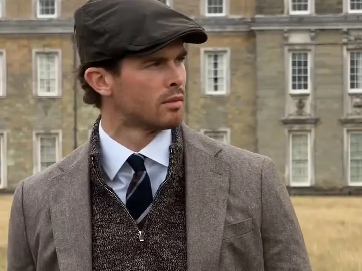 Influencer Harry Seller wearing tweeding clothing at M&S