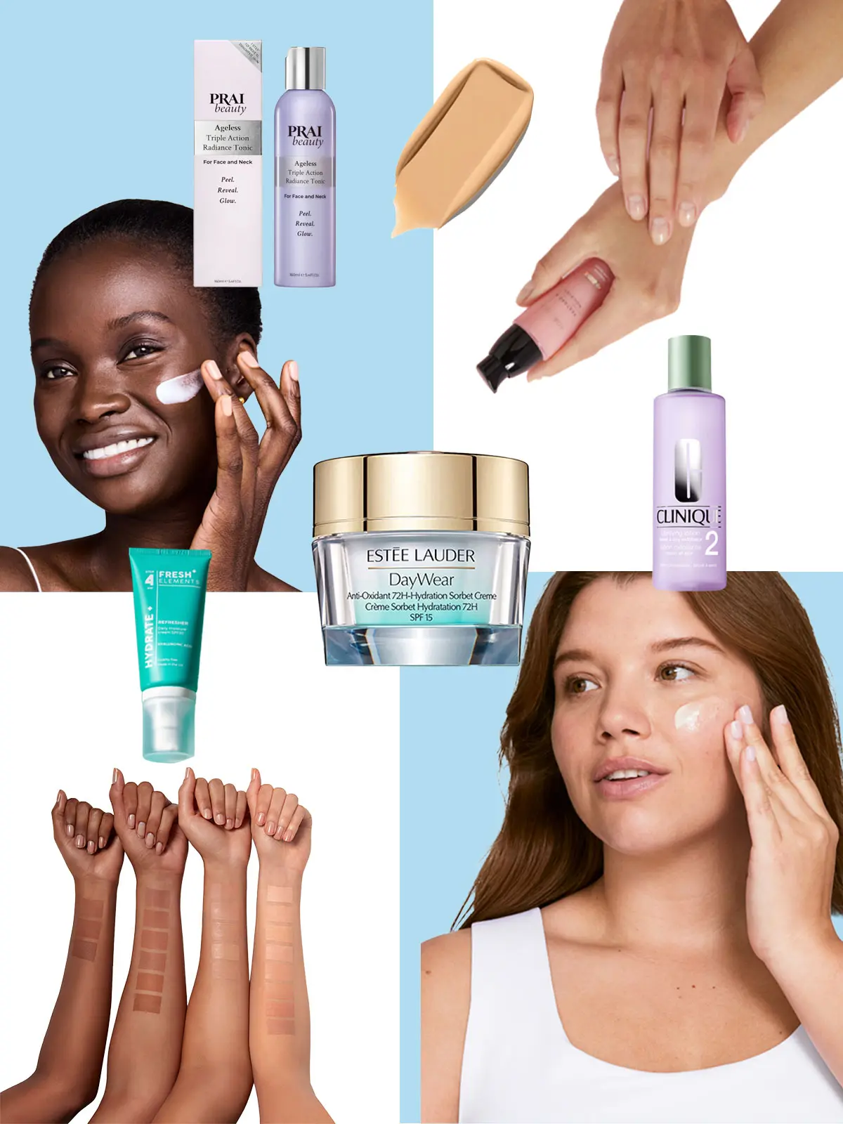 Collage of different make up and skincare products, two women applying them