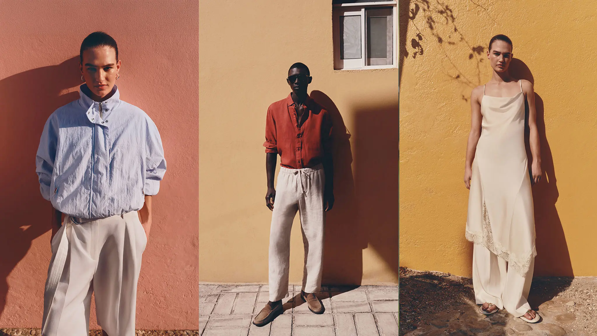 Three images of women and men in summer clothing