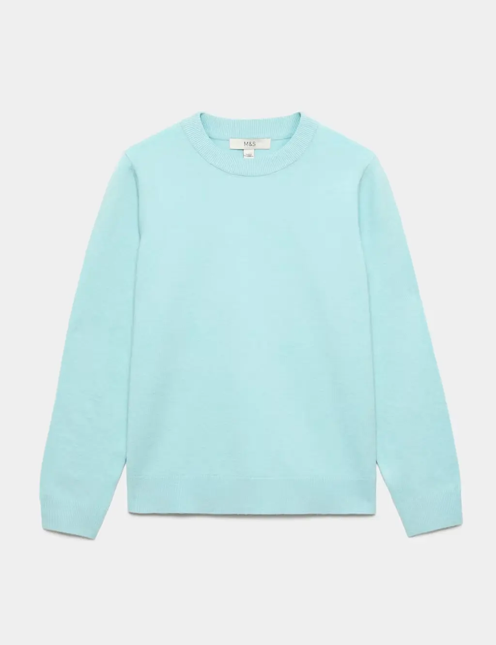 Soft turquoise jumper with long sleeves and a crew neckline.