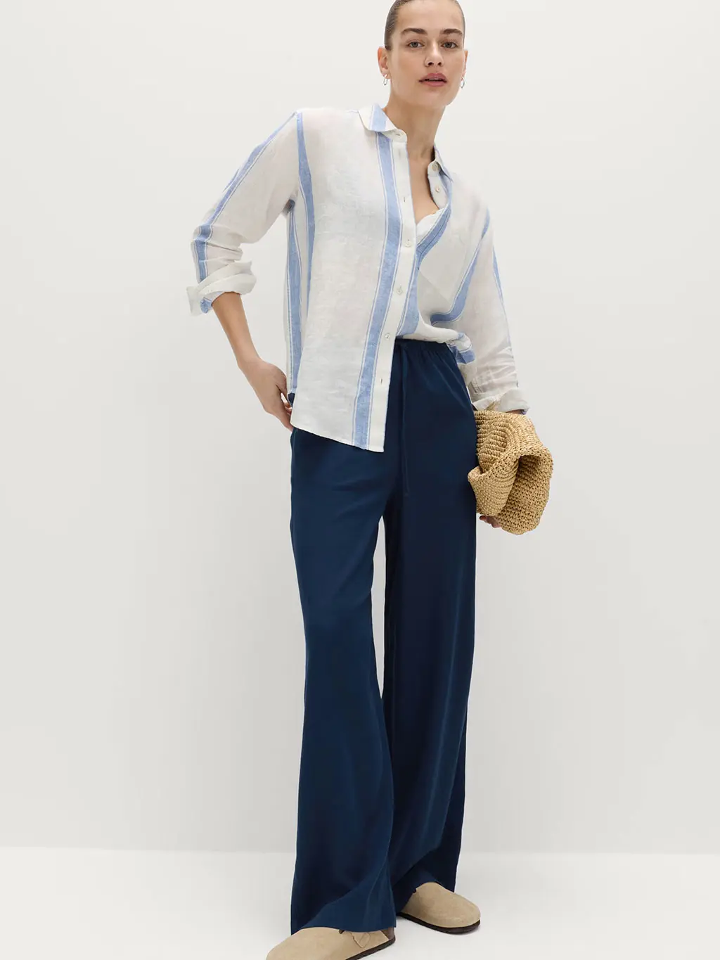 Linen Rich Drawstring Wide Leg Trousers