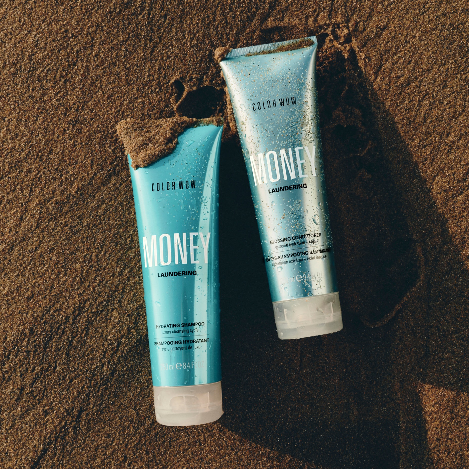 Two haircare products in blue bottles 