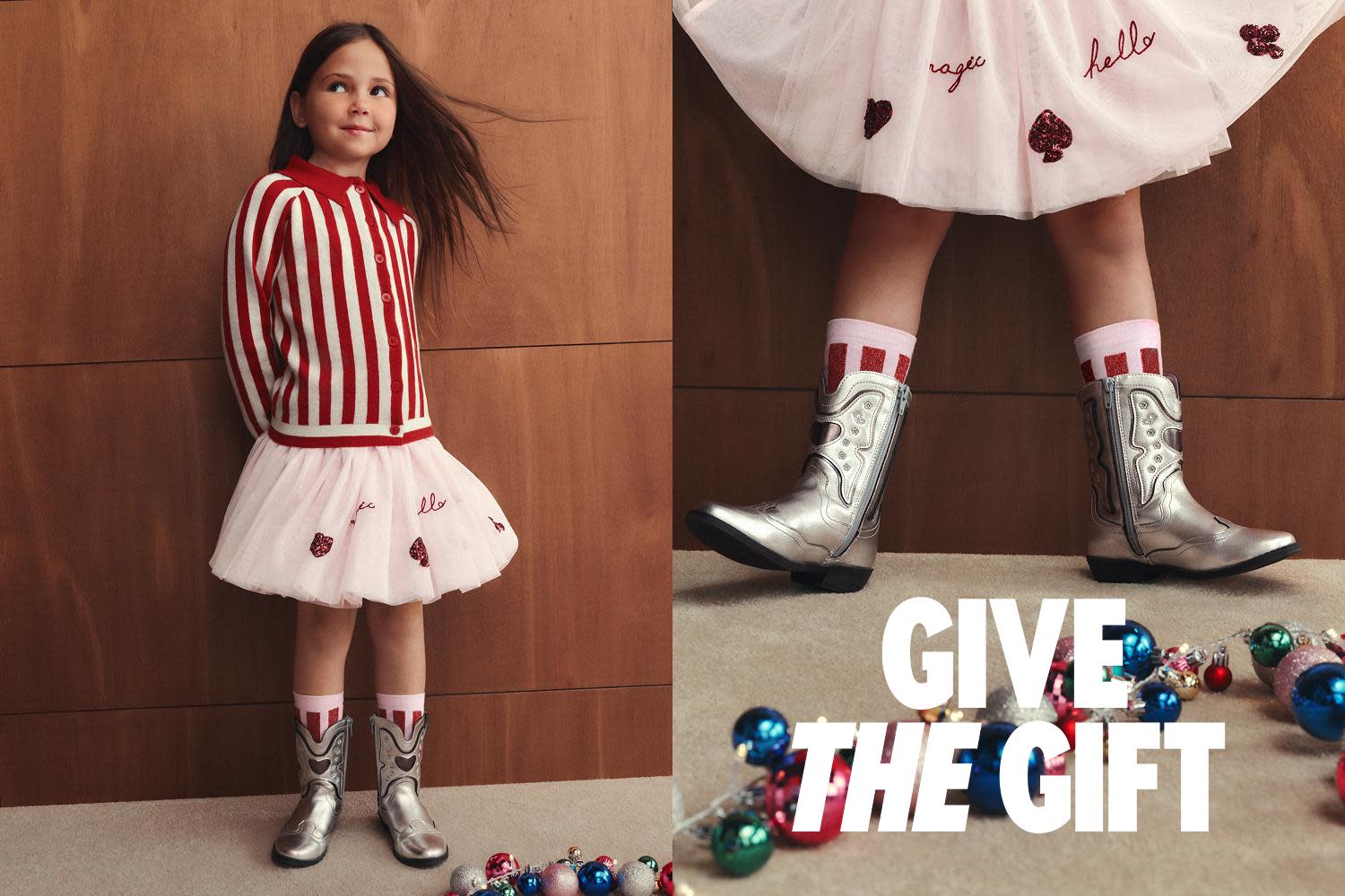 Girl wearing red and white striped top, pink tutu skirt and silver cowboy boots.