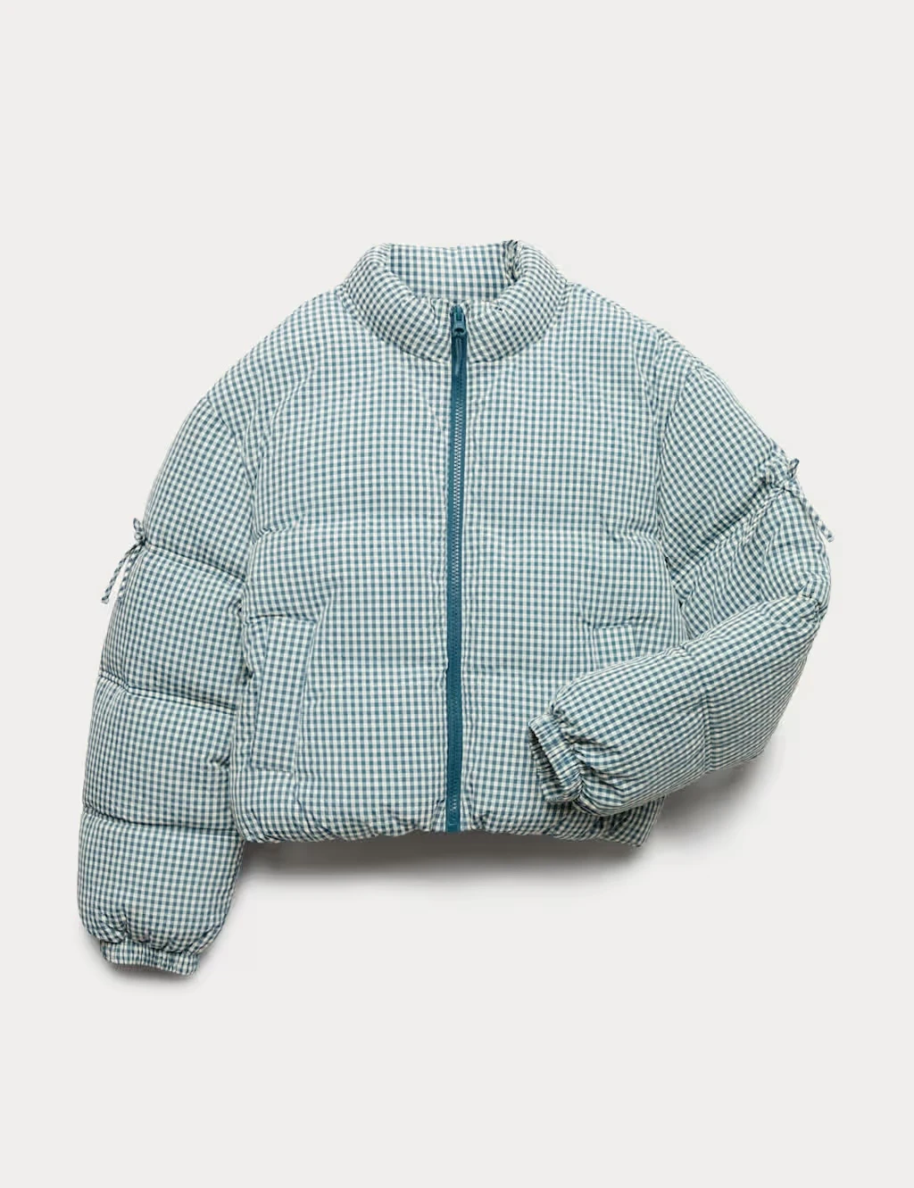 Green gingham kids puffer jacket.