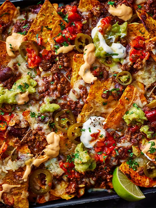 Close up of beef chilli nachos