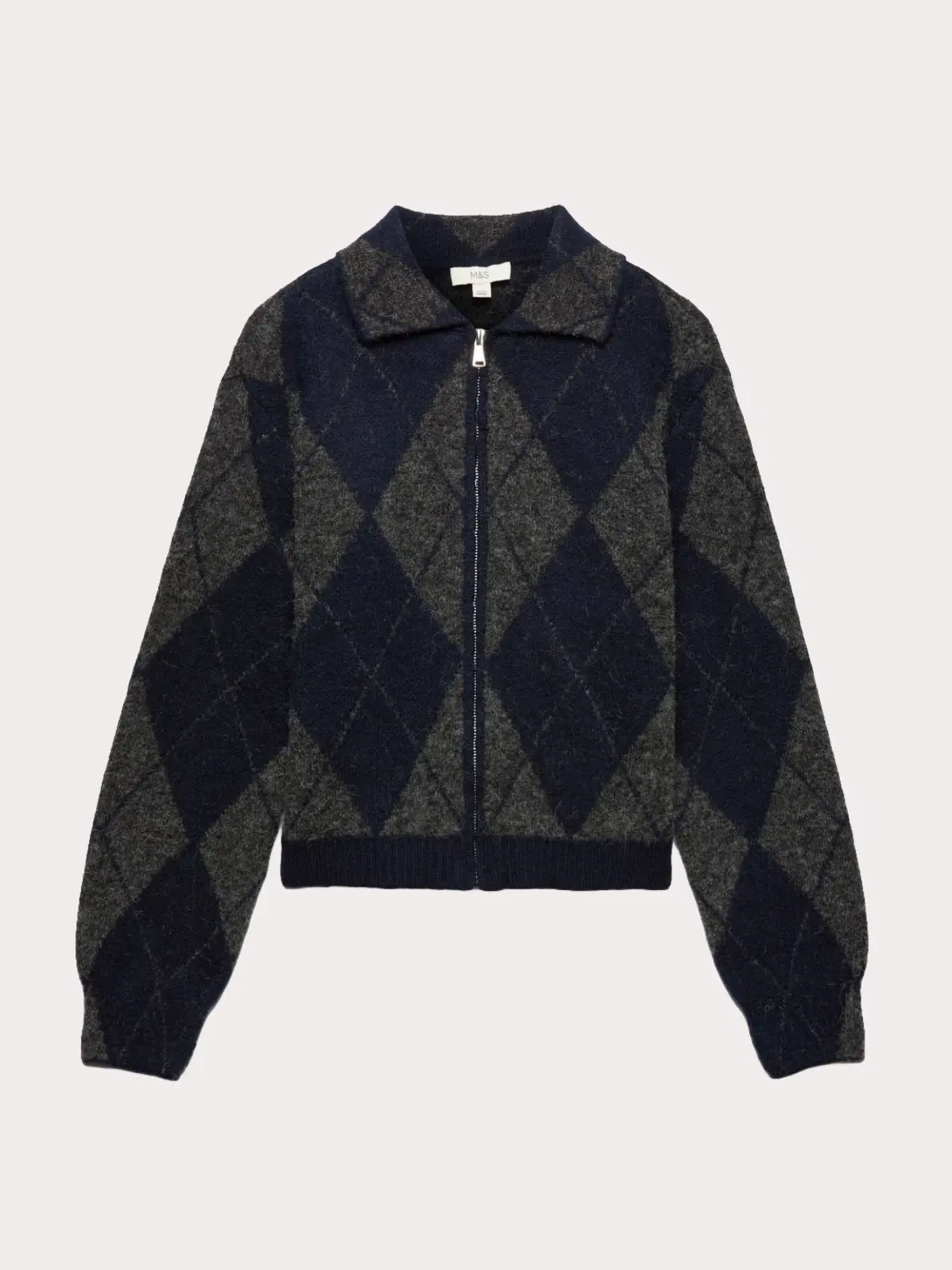 Collared argyle knitted cardigan with 2-way zip detail 