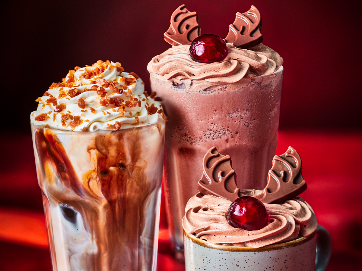 Iced latte, chocolate milkshake, and hot chocolate