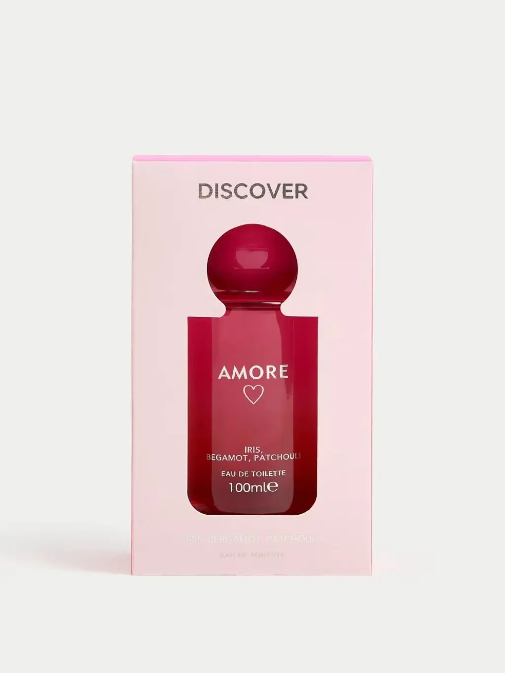 A cutout shot of a red bottle of perfume in a pink box
