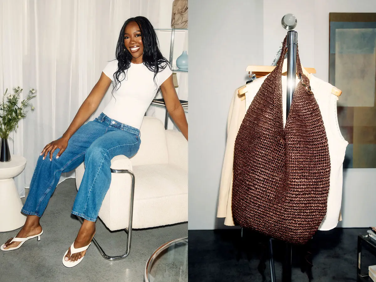 Collage of woman wearing white T-shirt and blue jeans, and a brown woven bag 