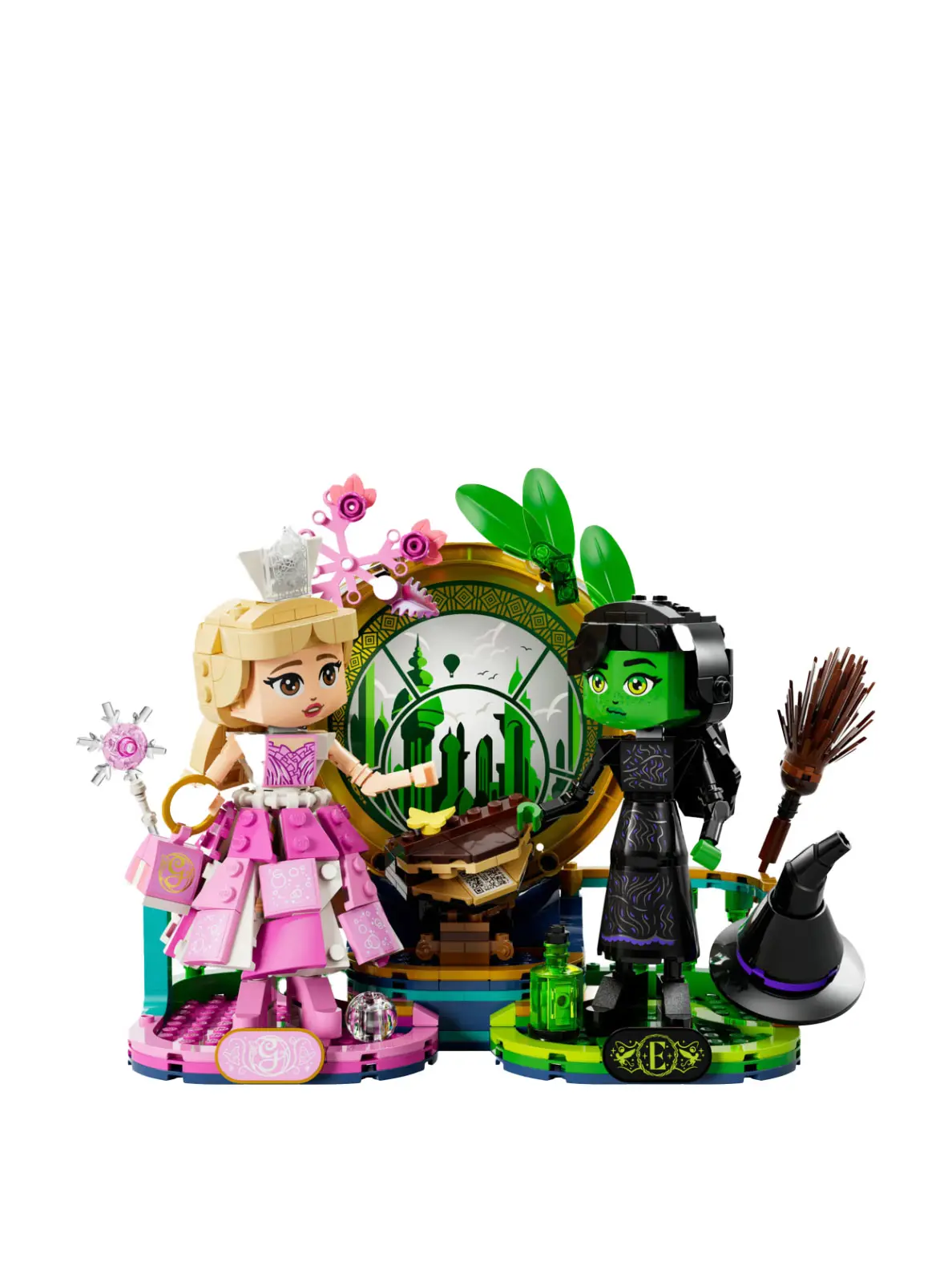 Green and pink lego set with characters from Wicked