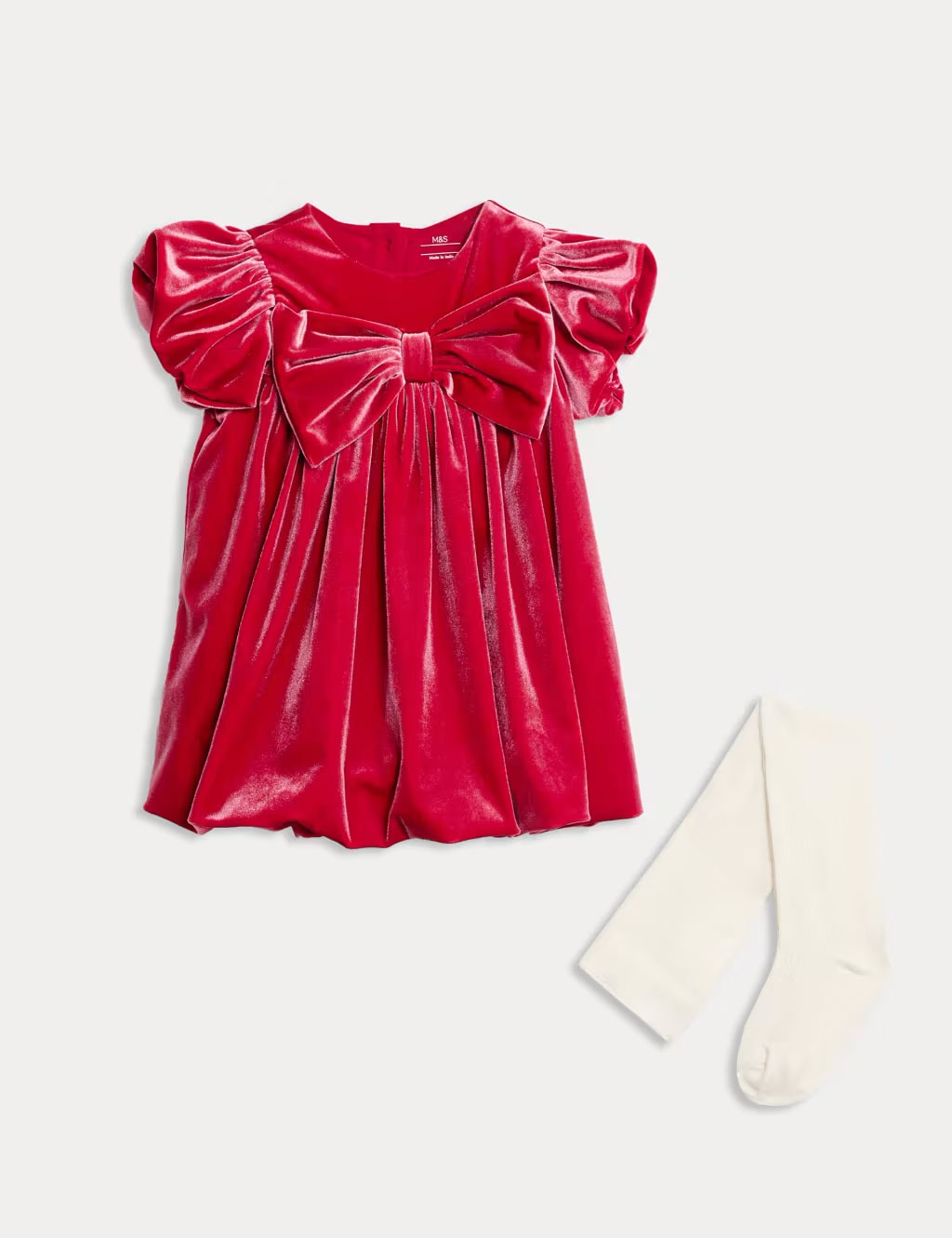 Girls' red velour bow dress with matching white tights