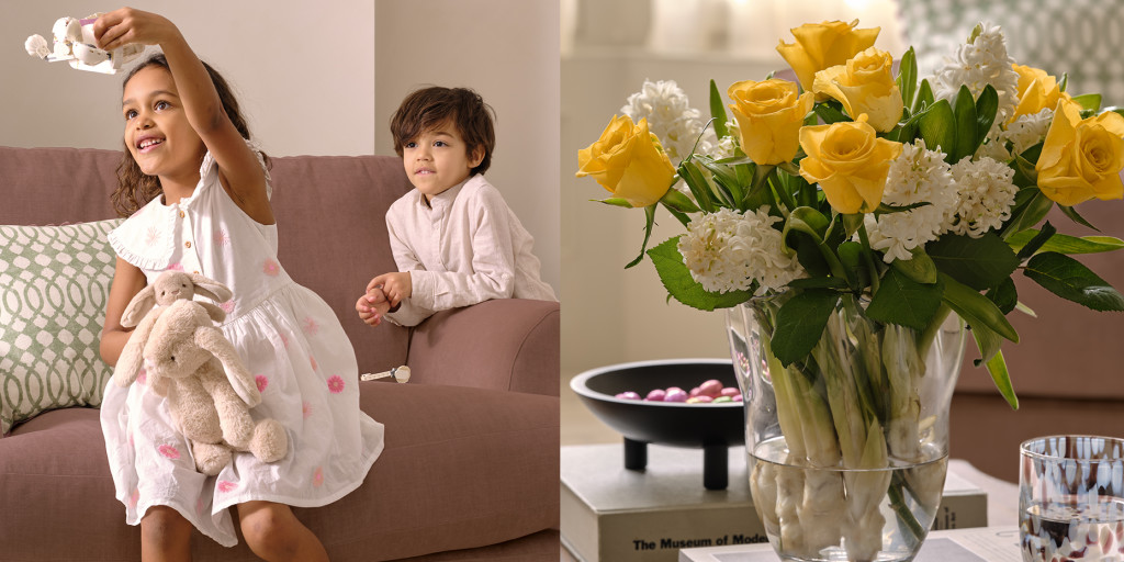 Kids playing with elephant toy next to yellow rose bouquet. Shop Easter gifts
