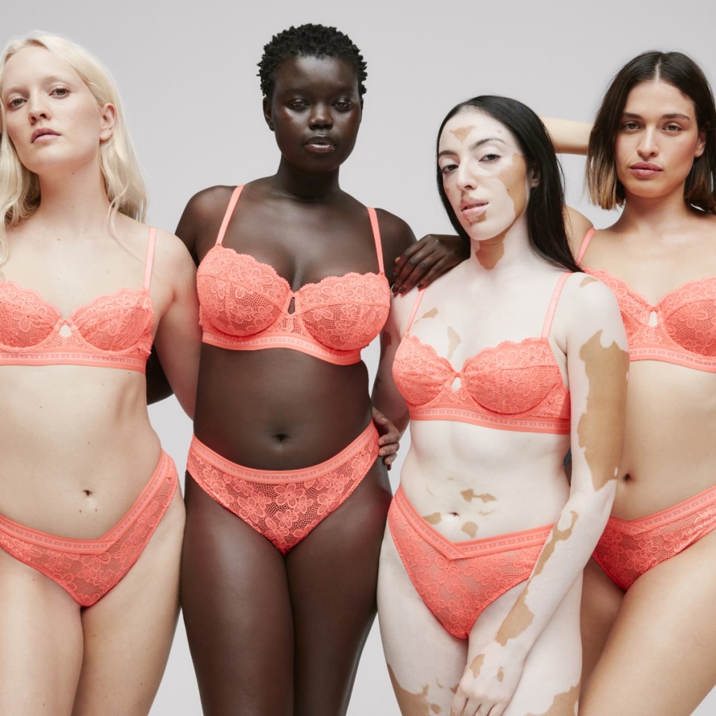 women wearing coral lace bra and knickers