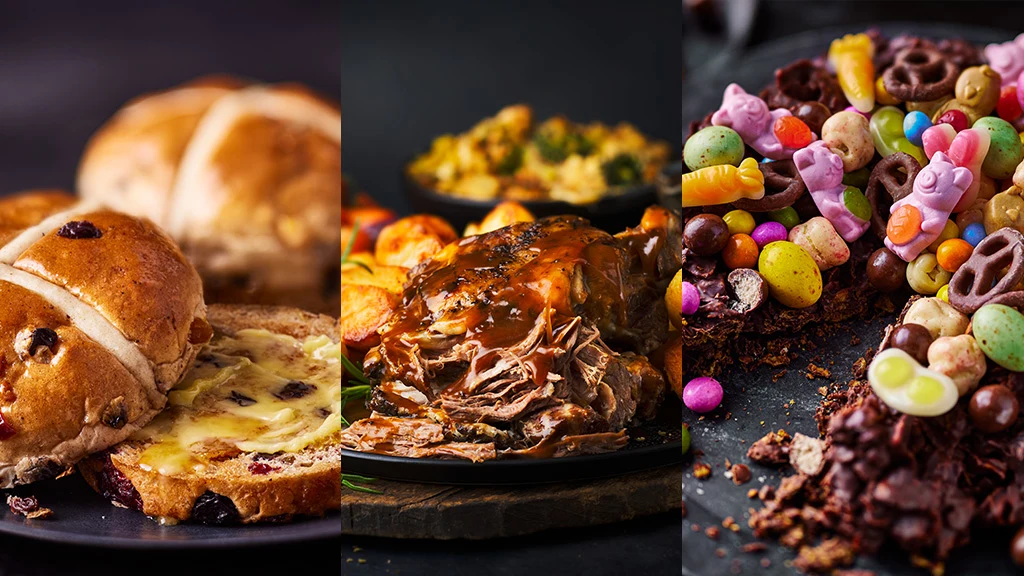 hot cross bun, roast lamb and easter desserts