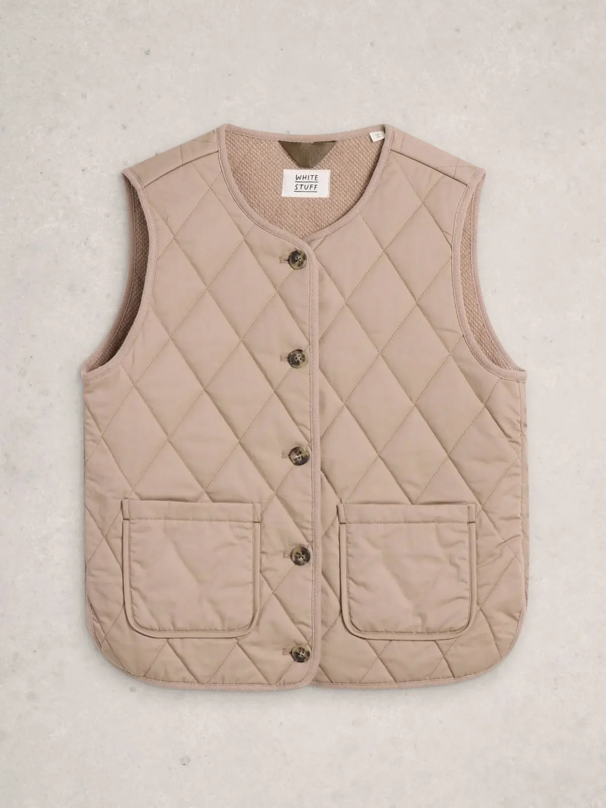Sand-coloured gilet with button-up front and side pockets 