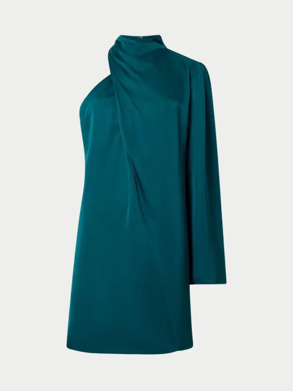A cutout of a green satin one shoulder mini dress