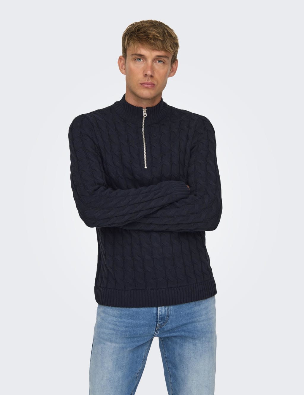 Cotton-Rich-Cable-Knit-Funnel-Neck-Knitted-Top