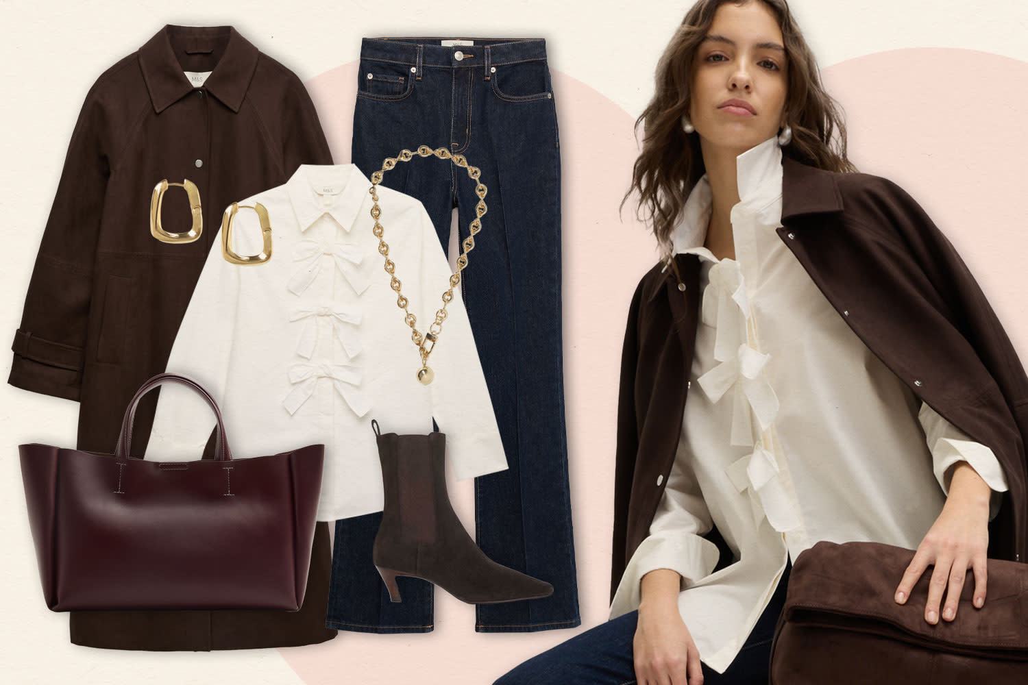 Collage of women's clothing, including dark blue jeans, brown coat, white shirt, burgundy bag, brown boots and gold jewellery 