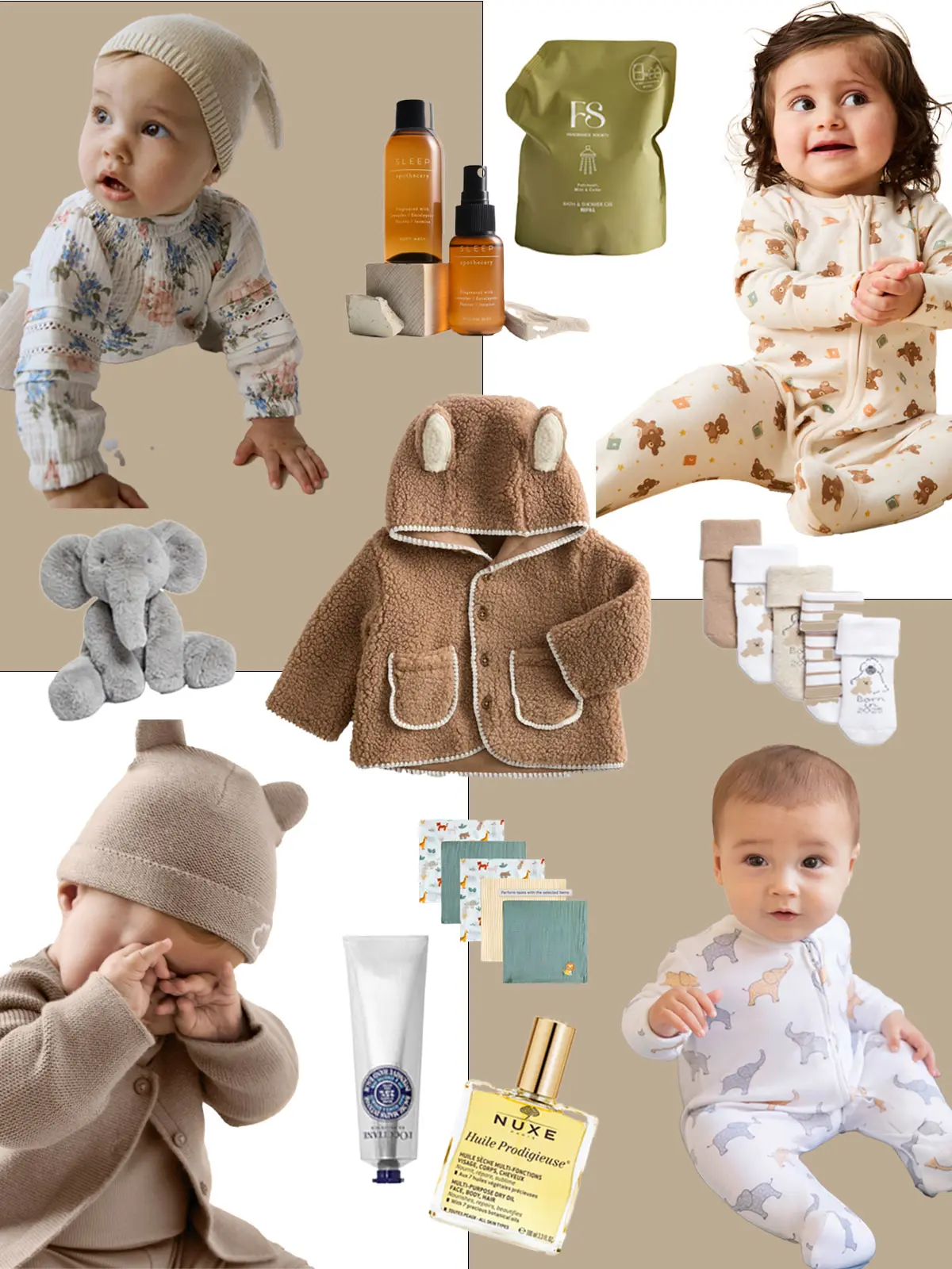Collage of an assortment of baby gifts including socks, brown jacket, elephant soft toy, plus gifts for mum like beauty products