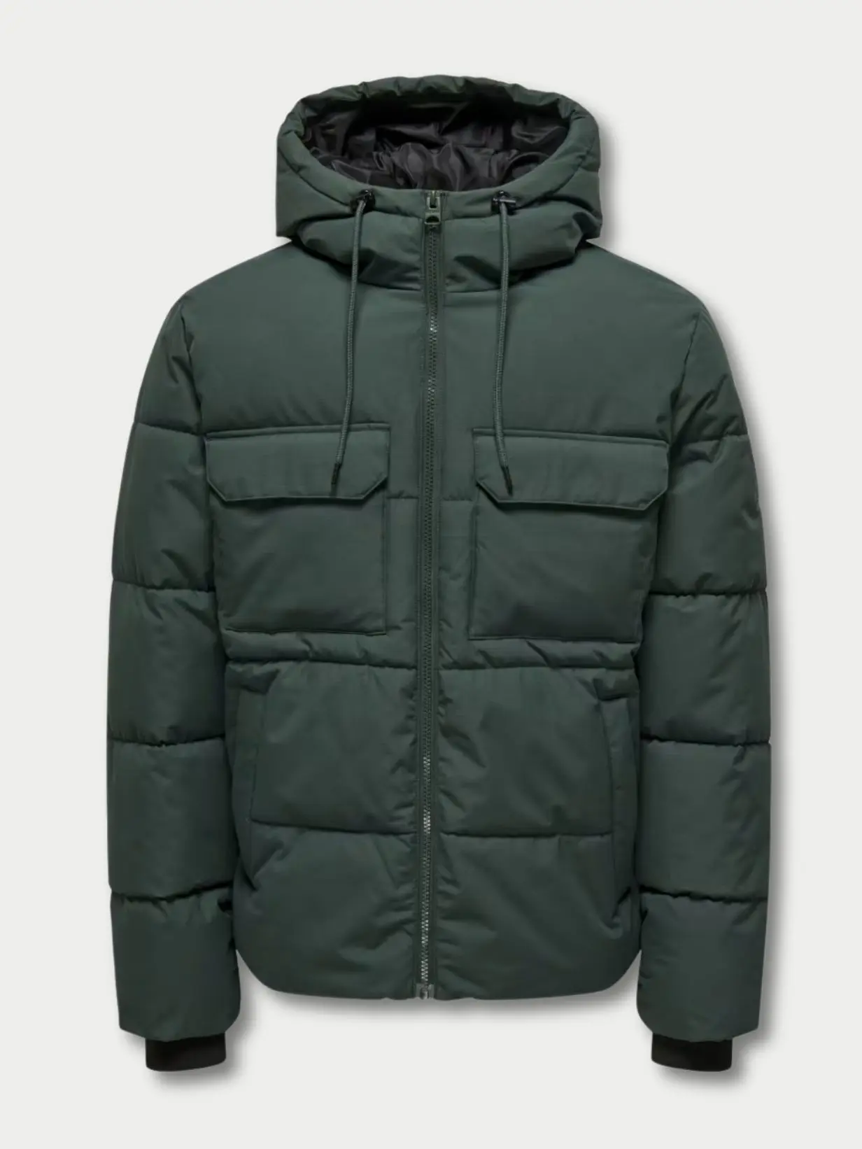 A cutout of a green funnel neck puffer jacket shot against a light background