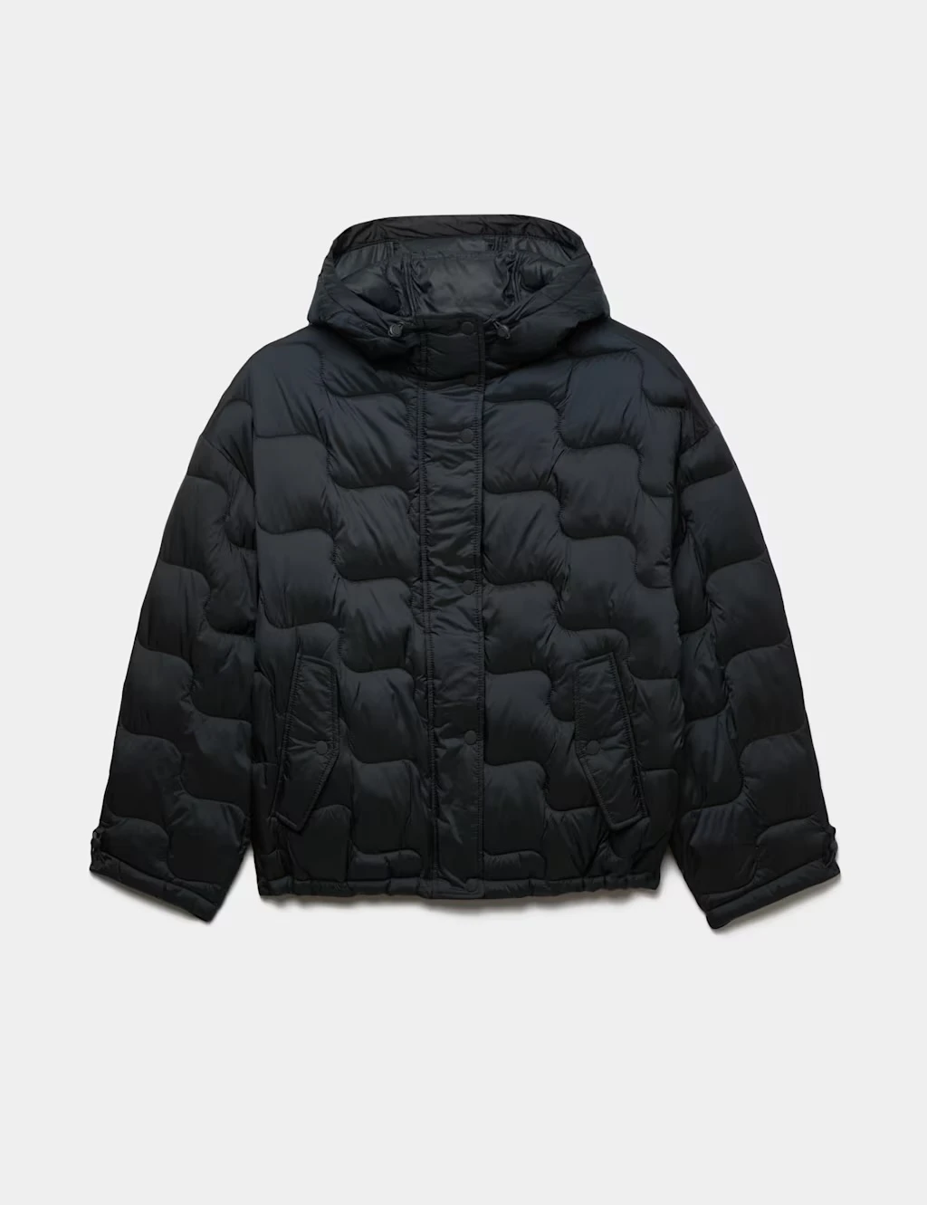 Black quilted puffer jacket with a wavy quilted pattern and hood.