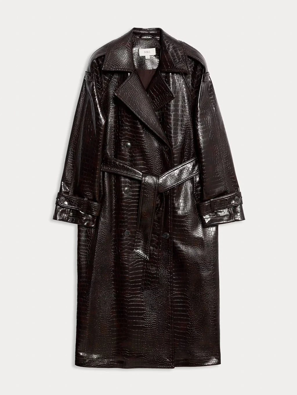 Dark brown mock croc belted coat