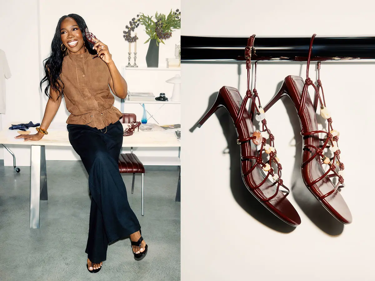Woman wearing gilet and indigo jeans with kitten heels. Close up of burgundy strappy heels with beaded details