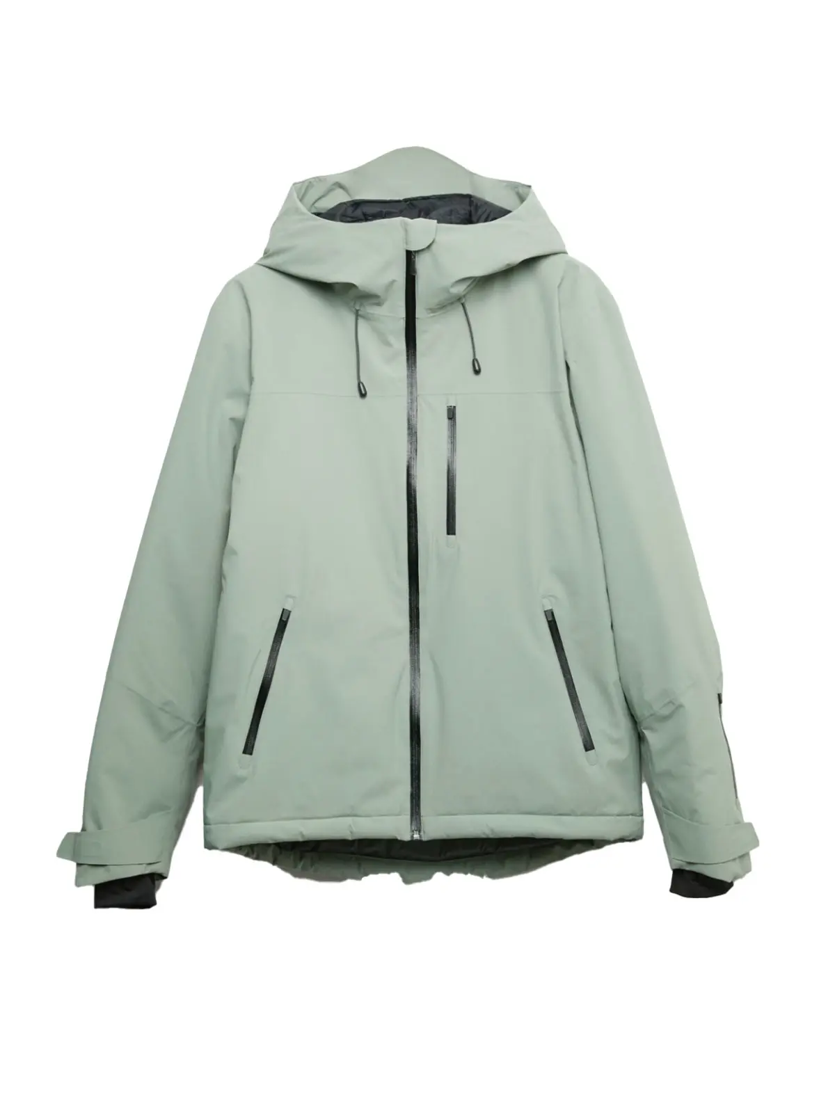 Mint green functional ski jacket with hood and zip-up side pockets