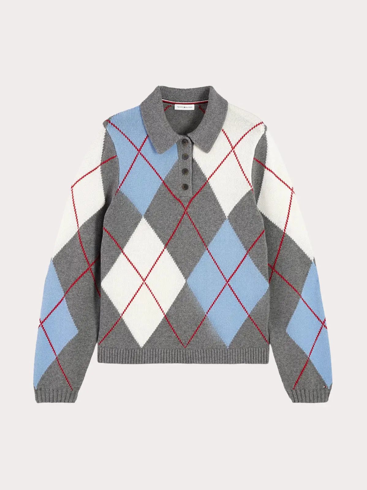 Argyle polo jumper in blue, white and grey 