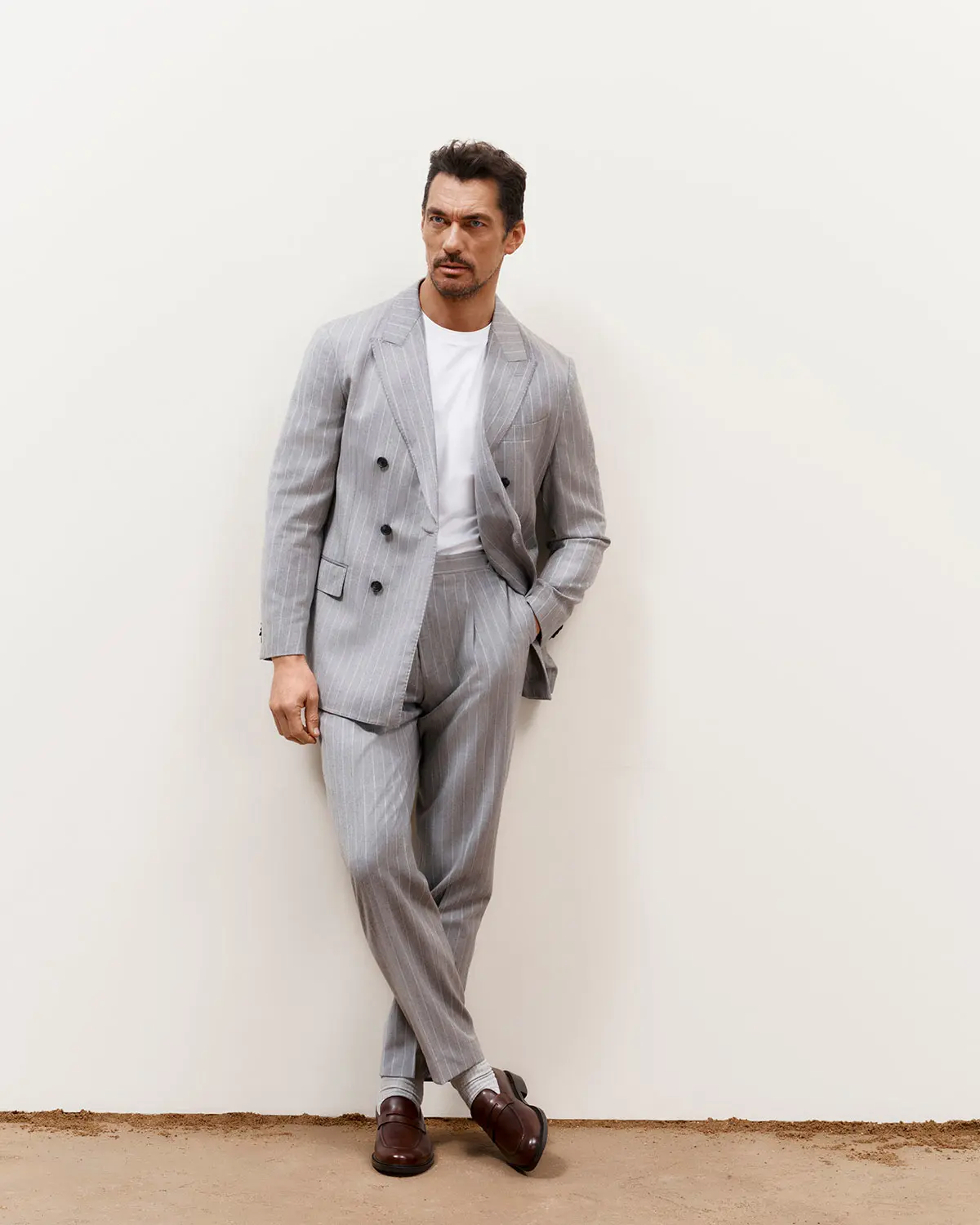 David Gandy wearing grey suit by Jaeger at M&S
